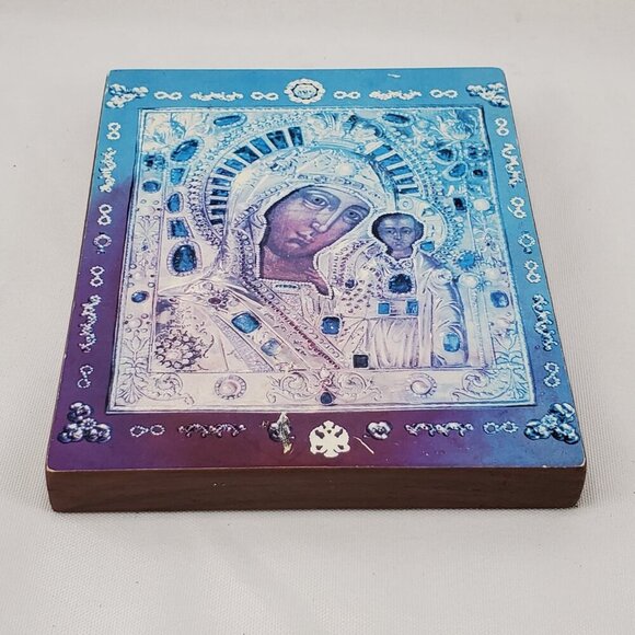 VTG Orthodox Religious Icon Of Our Lady Of Kazan Mother of God On Wood 5x4 Inch - Picture 4 of 8